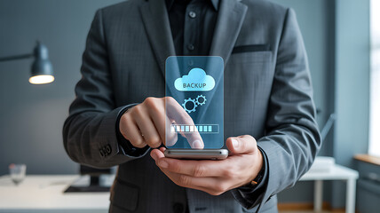 A person in a suit holding a phone with a backup cloud icon on the screen display