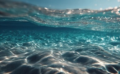 Fototapeta premium Close-up of transparent Mediterranean water with rippling light and shadow patterns on the sandy bottom, showcasing underwater serenity and clarity.