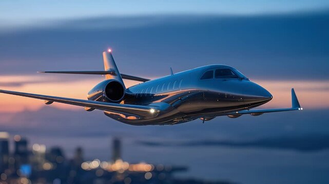 Private jet flying above city at sunset luxury travel and aviation footage