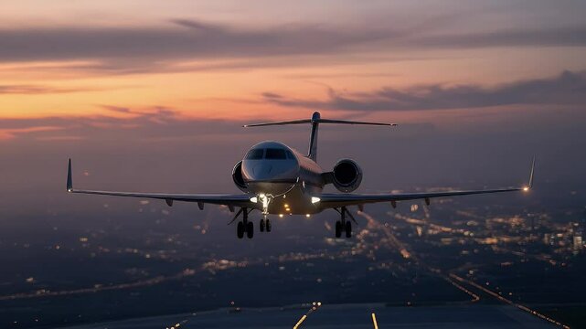 Private jet landing at sunset aerial city view