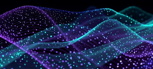 Abstract digital background with blue, purple, and green color tech waves on a dark black background Generative AI