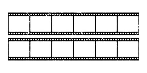 Trendy film strip frame templates set with empty slots, cinema reel with grunge grain noisy texture and scratches, vintage aesthetic design. Modern retro vector illustration