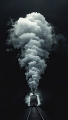 Night steam train, dark clouds, dramatic scene, possible use for posters