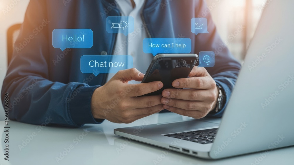 Aufkleber digital communication: a person interacts with a phone, enhanced by floating message bubbles and ico