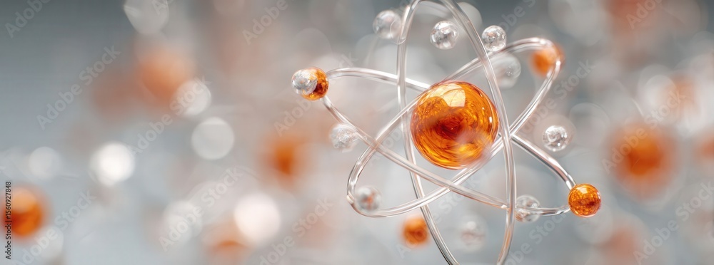 Poster close-up of an atom model featuring protons and neutrons, set against an abstract blurred bokeh back