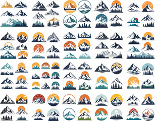 A set of minimalist mountain, forest, and nature emblems. Vector illustrations for hiking, climbing, and outdoor brand identity.