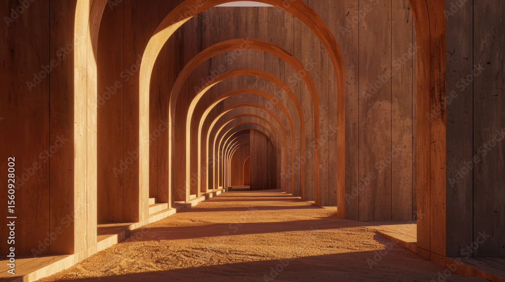 Poster serene abstract archway with natural light illuminating minimalistic wooden structure, creating warm