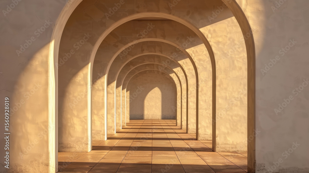 Poster serene abstract archway with natural light casting soft shadows on minimal wall, creating tranquil a