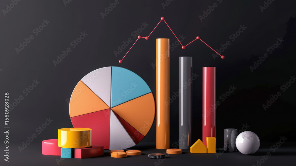 Poster colorful pie chart and bar graphs with geometric shapes create vibrant abstract background, showcasi