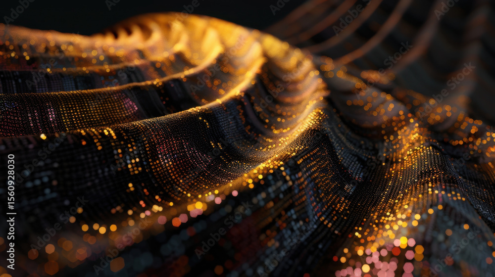 Poster abstract data visualization with glowing waves of light and color, showcasing intricate patterns and