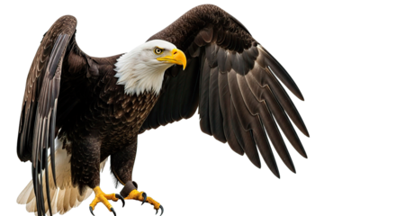Magnificent bald eagle in full flight, displaying impressive wingspan and intense gaze.