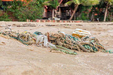 Outdoor view of fishing net and ropes garbage