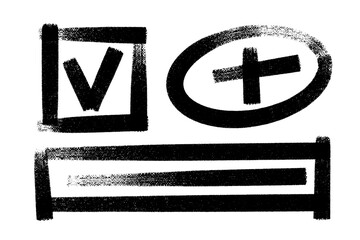 Vector textured bold signs and symbols set. Checkbox, plus sign in oval shape and rectangular frame with underline grunge hand drawn icons. Graphic elements.