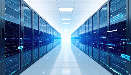 Futuristic data center features sleek servers lined in corridor, illuminated by digital lights. atmosphere is filled with energy, showcasing advanced technology and high speed data flow