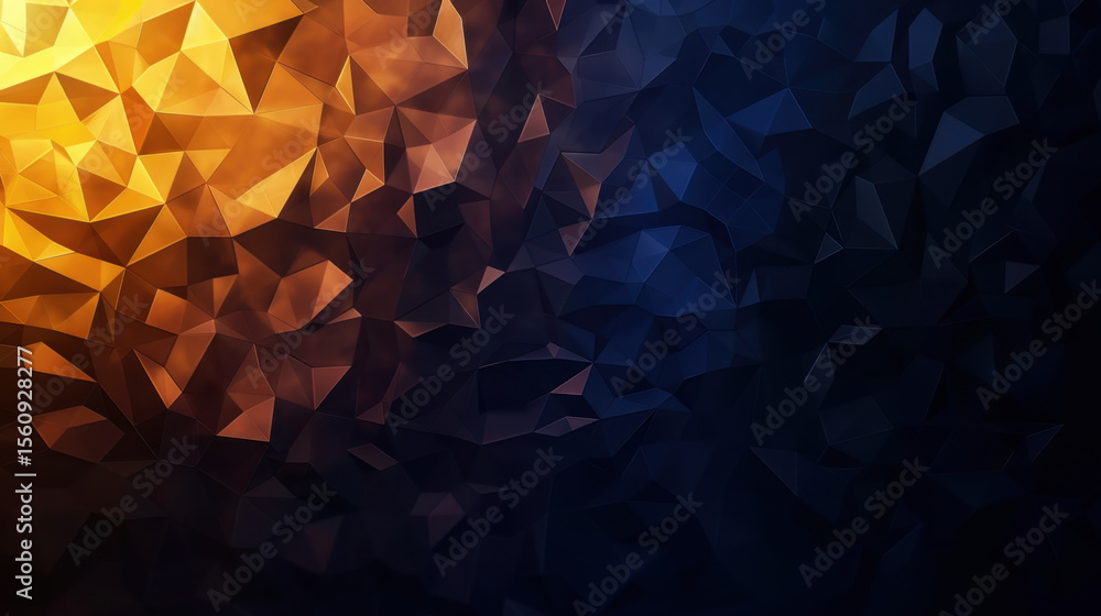 Poster abstract polygon design with blend of warm orange and cool blue tones, creating striking visual cont