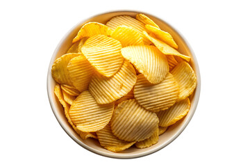 Bowl of ridged potato chips with studio lighting viewed from above isolated on a transparent background