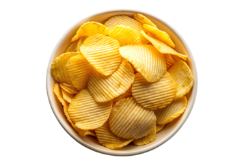 Bowl of ridged potato chips with studio lighting viewed from above isolated on a transparent background