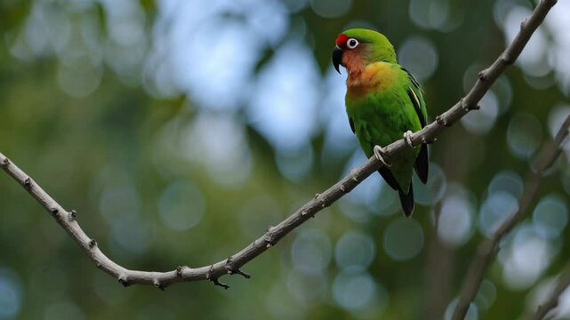 Close-up video of a colorful parrot perched on a branch, captured from a low angle with a blurred bokeh background, highlighting its vibrant feathers. Live desktop wallpaper.