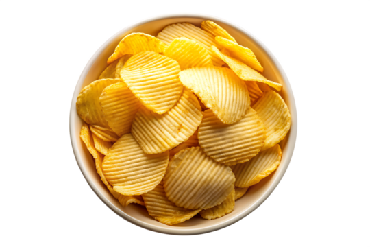 Bowl of ridged potato chips with studio lighting viewed from above isolated on a transparent background