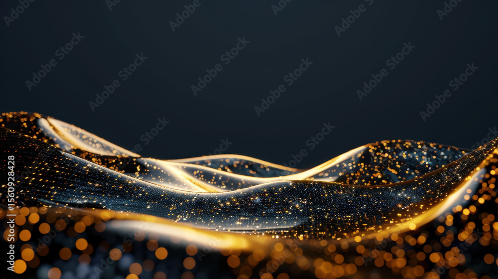 Poster abstract wave of streaming data flowing across dark background, illuminated by shimmering golden par