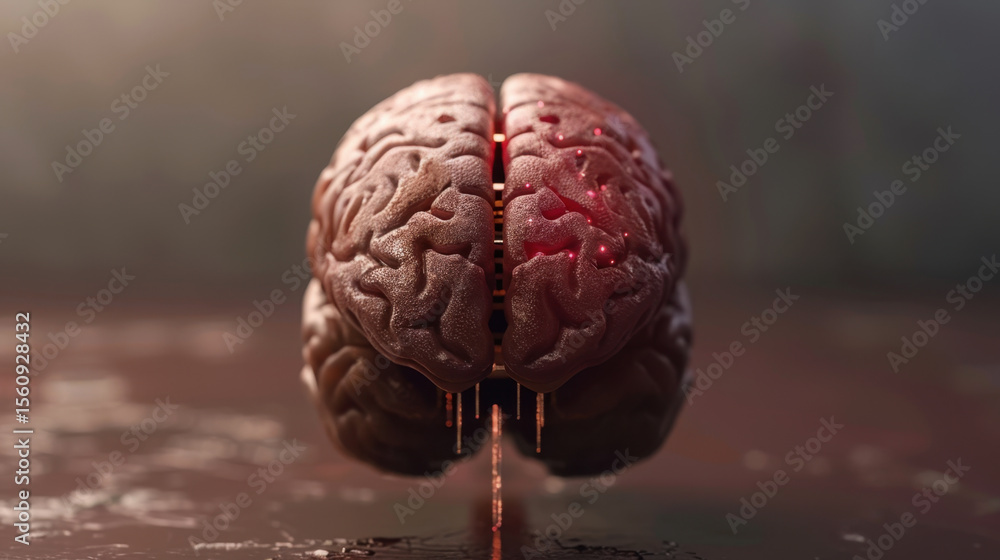 Poster detailed and realistic depiction of brain with intricate textures and glowing elements, symbolizing 
