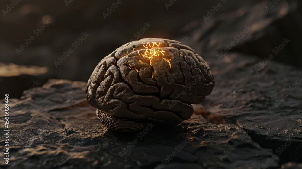 Poster glowing brain model resting on rocky surface, symbolizing intelligence and creativity, with intricat