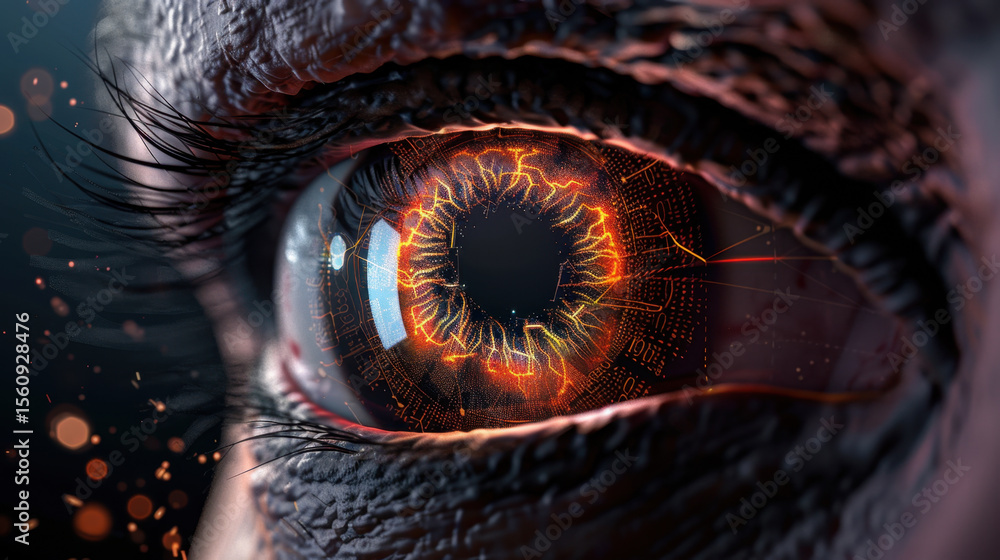 Poster close up of human eye with digital interface, showcasing vibrant colors and intricate patterns, evok