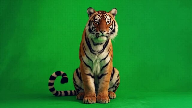 A majestic tiger sitting upright and alert against a vibrant green screen background in studio shot green screen animal video