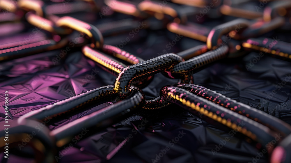 Poster close up view of interconnected metallic chains with glossy finish, reflecting vibrant colors agains