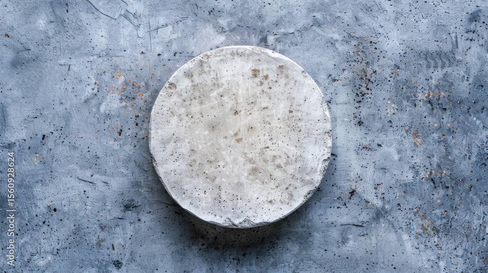 Aufkleber circular shape subtly pressed into soft grey surface creates minimalist aesthetic, evoking sense of 