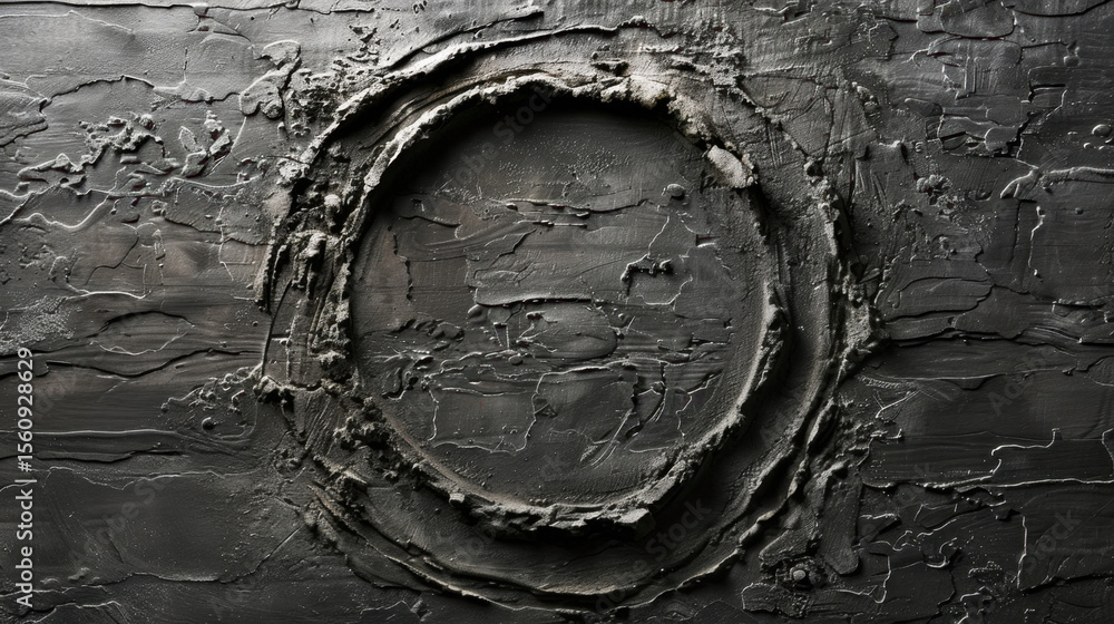 Poster circular shape subtly pressed into soft grey surface creates intriguing texture and depth, evoking s