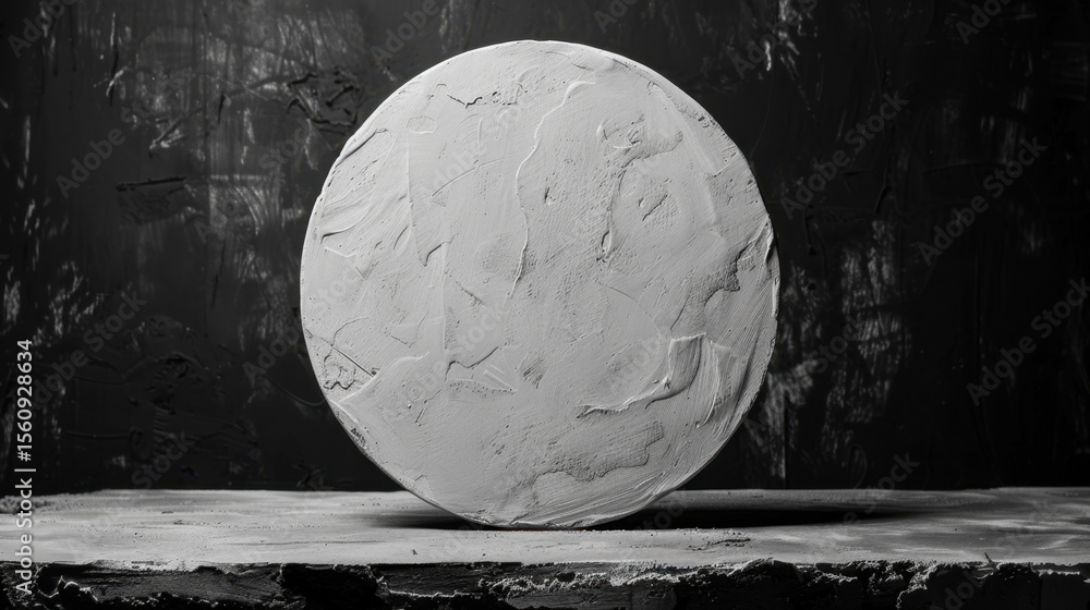 Poster circular shape subtly pressed into soft grey surface, creating minimalist and artistic composition t