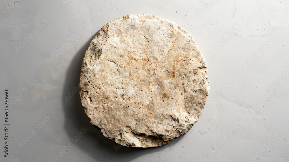 Poster circular stone with textured surface rests on soft grey background, showcasing natural patterns and 