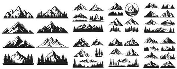 Big set of nature landscape icons and emblems for adventure, travel, and outdoor company branding, including forest and sun illustrations.