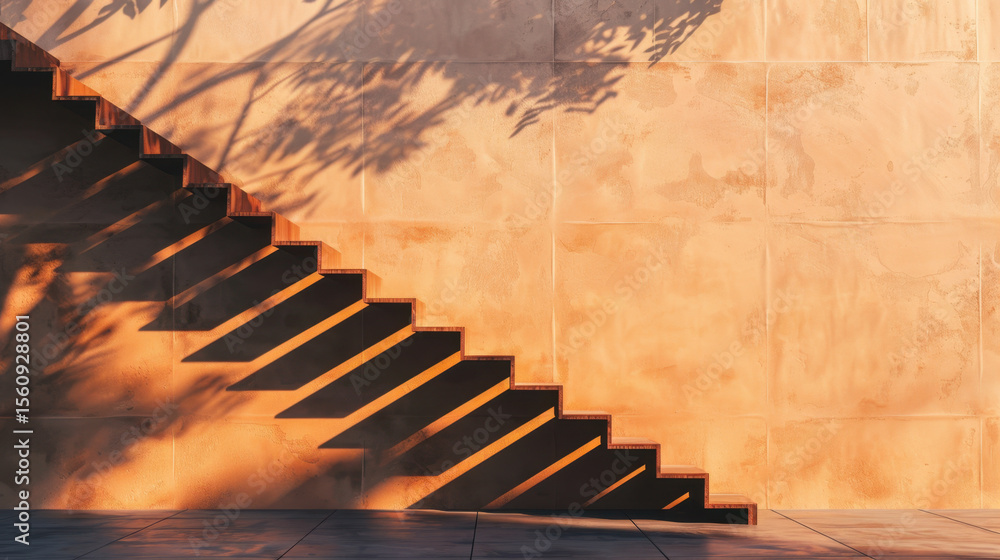 Poster clean outline of staircase silhouette with shadow creating striking visual against textured wall. wa