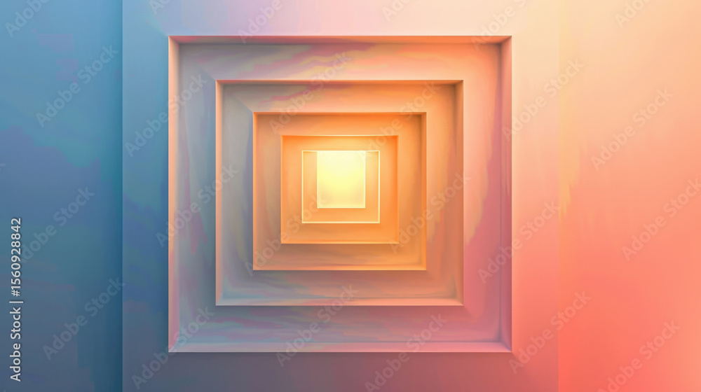 Poster mesmerizing geometric pattern featuring concentric squares in soft pastel colors, creating sense of 