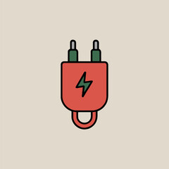 Illustration of a red electrical plug with a black lightning bolt on a beige background