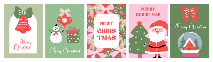 Set of five vertical festive Christmas greeting cards with Santa Claus, snowman, bells, decorations and snow globe for the holiday season.