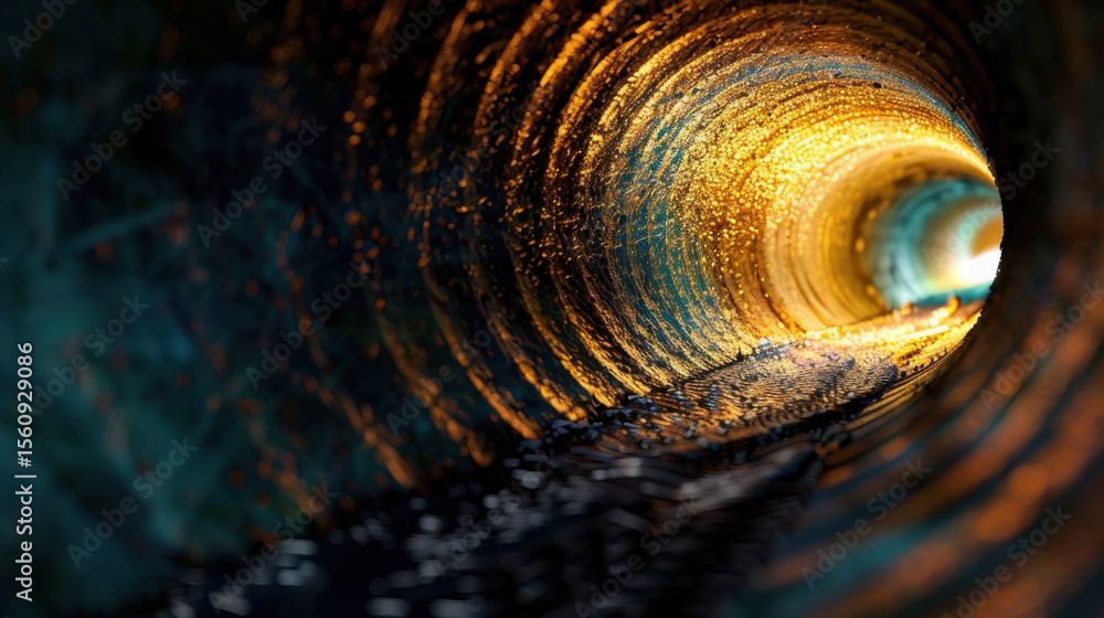 Poster futuristic tunnel with glowing particles and flowing water creates mesmerizing visual experience. vi