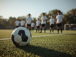 Fototapeta premium Soccer ball on field with team in background, focus on the ball. Preparing for a great game!