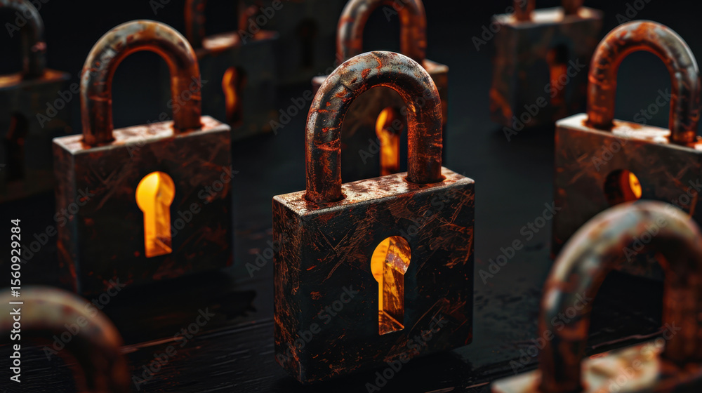 Aufkleber rusty padlocks with glowing keyholes create mysterious atmosphere, symbolizing security and protecti