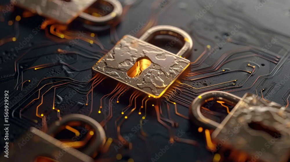 Poster secure encryption locks on circuit board symbolize data protection and cybersecurity. glowing elemen