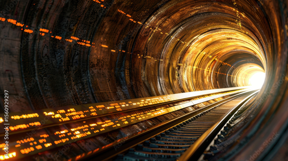 Poster mesmerizing view of tunnel with glowing lights and flowing symbols, creating sense of depth and myst