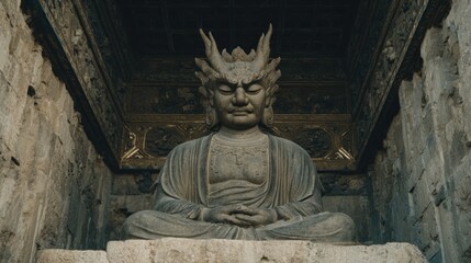 Obraz premium Serene dragon headed buddha statue in meditation pose, ancient temple backdrop