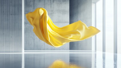Yellow fabric drapes in modern concrete interior. Use design inspiration