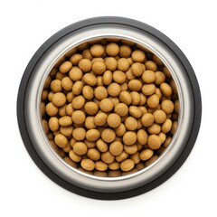 Top view of full pet food bowl for dogs or cats on white surface