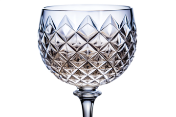 Clear crystal wine glass with intricate diamond cut pattern and faceted surface isolated on a transparent background