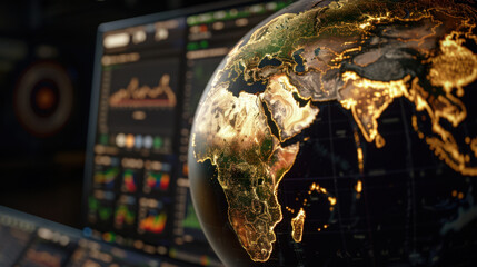 Detailed globe showcasing Earth with illuminated regions, set against backdrop of data analytics and graphs, symbolizes global awareness