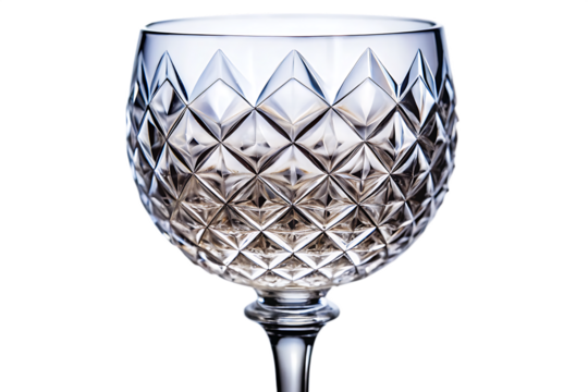 Clear crystal wine glass with intricate diamond cut pattern and faceted surface isolated on a transparent background