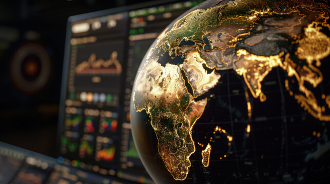 Detailed globe showcasing Earth with illuminated regions, set against backdrop of data analytics and graphs, symbolizes global awareness
